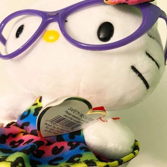 Hello Kitty Ty Beanie Babies Sanrio Plush 6 Inch Purple Glasses Rainbow Dress - Picture 7 of 14